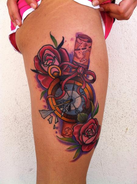Mike Riedl - Traditional color compass with rose and map tattoo, Mike Riedl Art Junkies Tattoo